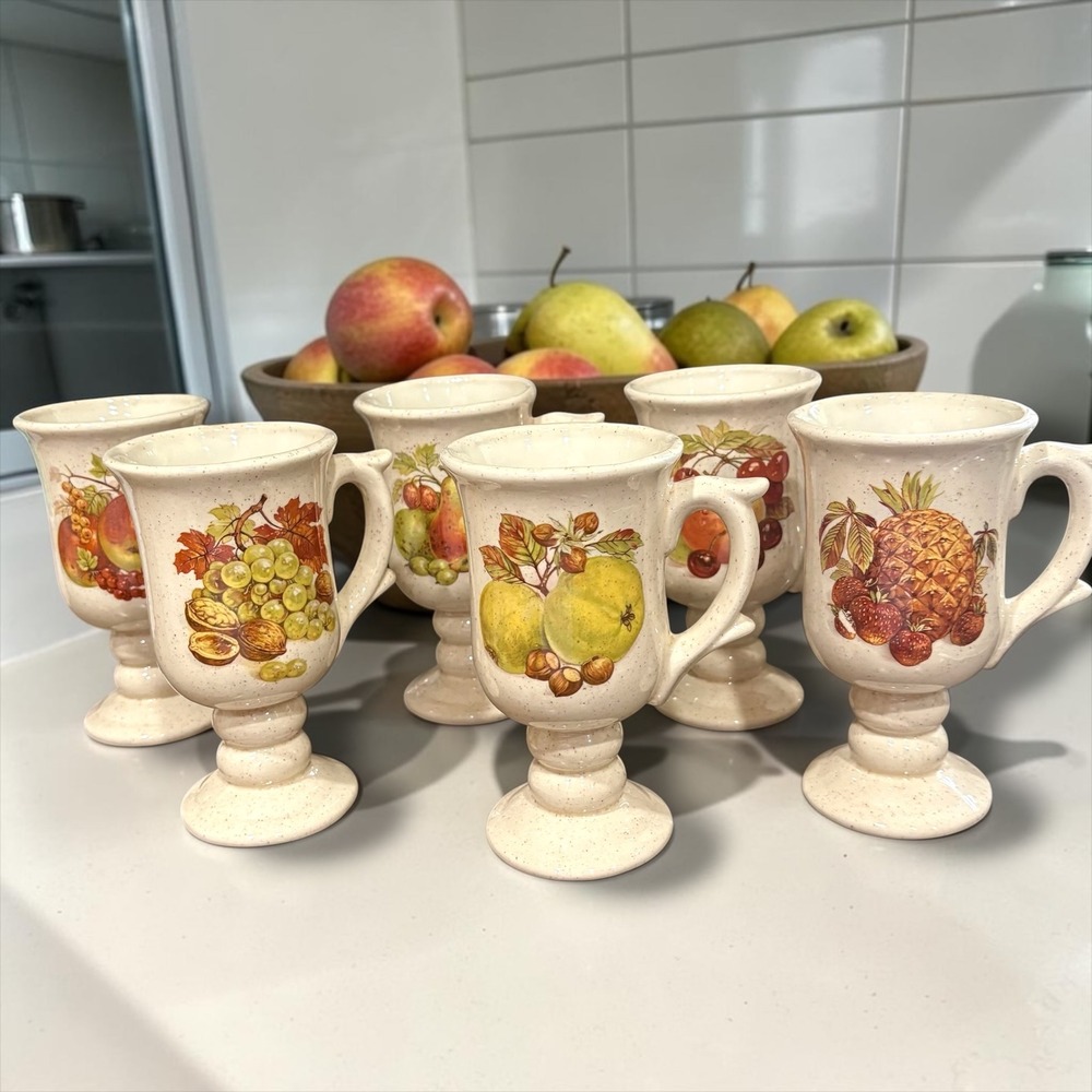 Vintage McCoy Speckled‎ Stoneware Fruit Harvest Footed Pedestal Mugs Set of 6